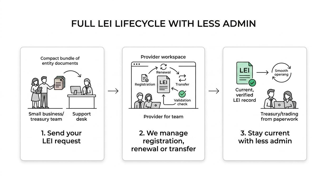 A step-by-step LEI service workflow for Australian bond-market entities, from application and validation to issuance, renewal or transfer, and ongoing record updates.