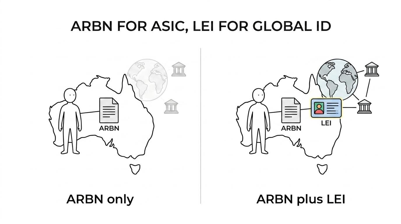 Side-by-side comparison of ARBN and LEI showing local ASIC registration on one side and global financial identification on the other.
