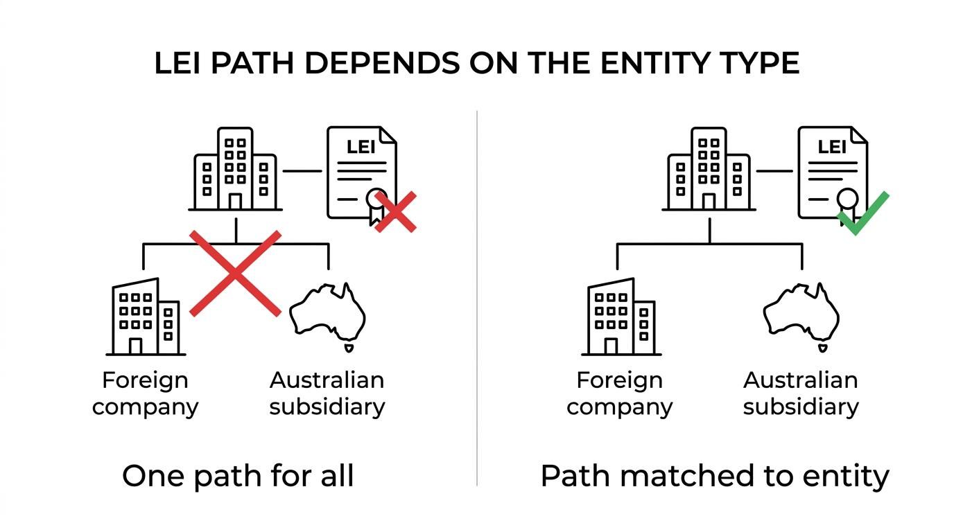 Side-by-side comparison of an ARBN-registered foreign company path and an ACN-based Australian company path for LEI verification.