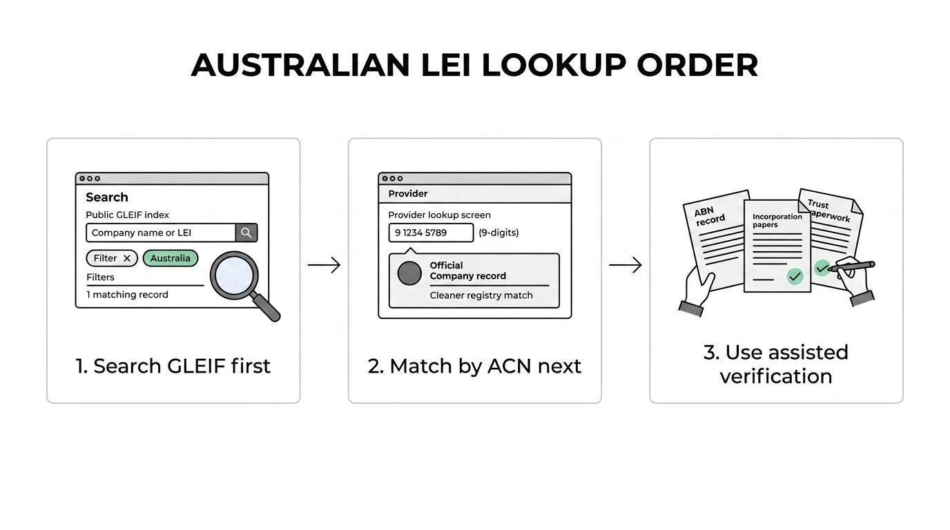 Flowchart showing an Australian LEI lookup process starting with GLEIF search, moving to ACN-based lookup if needed, then assisted verification, with outcomes for active LEI, lapsed LEI, or new registration.