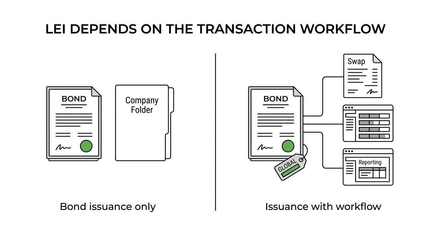 Side-by-side comparison of a bond issuance process using ACN or ARBN versus a trading and derivative reporting workflow that requires an LEI.