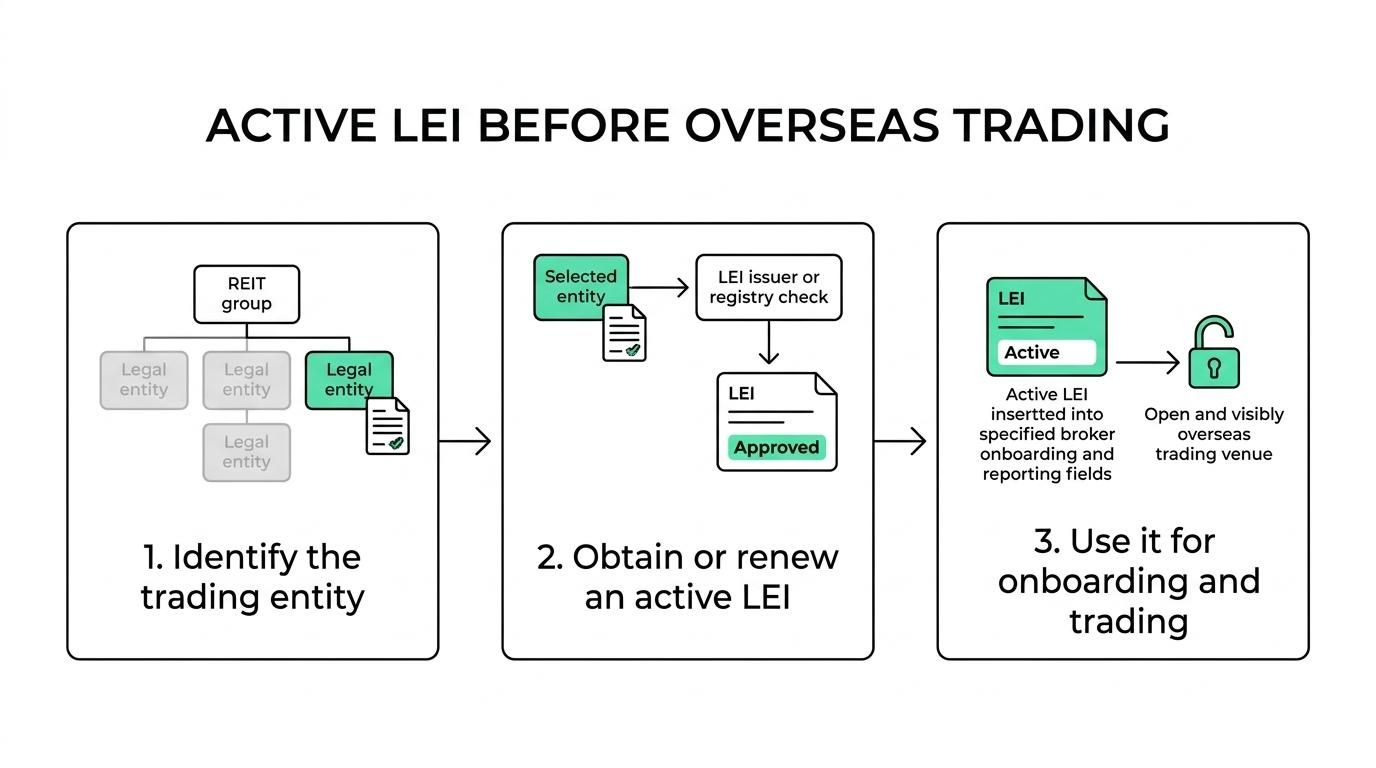 Flow showing an overseas REIT trading workflow: identify the legal entity, obtain an active LEI, complete broker or venue onboarding, support reporting, and renew or update the LEI record annually.