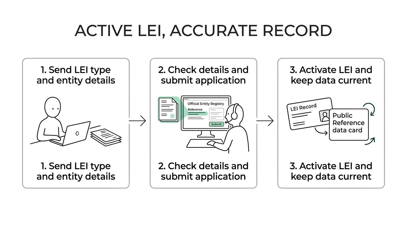 Step-by-step LEI process for an incorporated association: requirement triggered, official entity details checked, application submitted, LEI issued, and record kept updated.