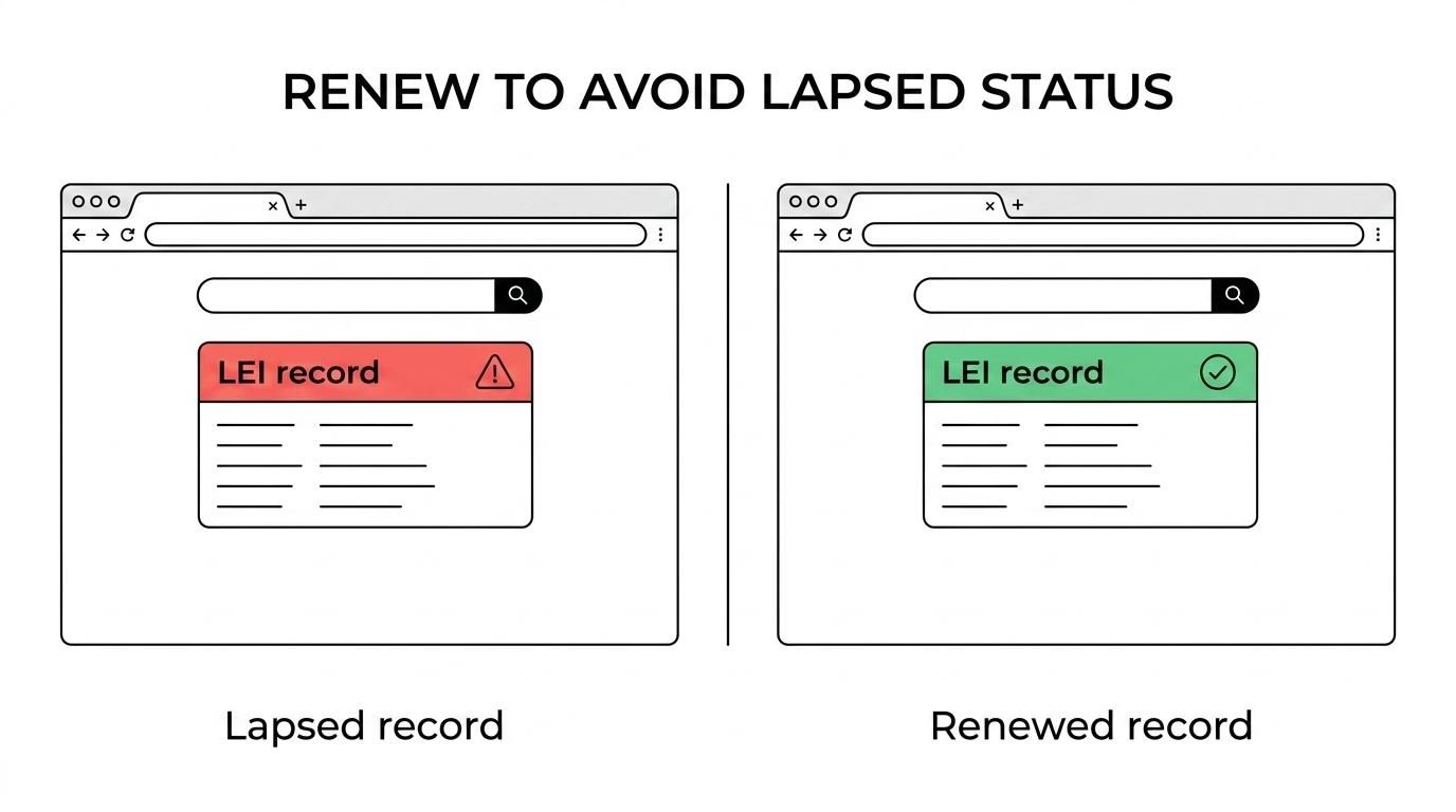 Side-by-side LEI records showing renewed current status versus public LAPSED status.