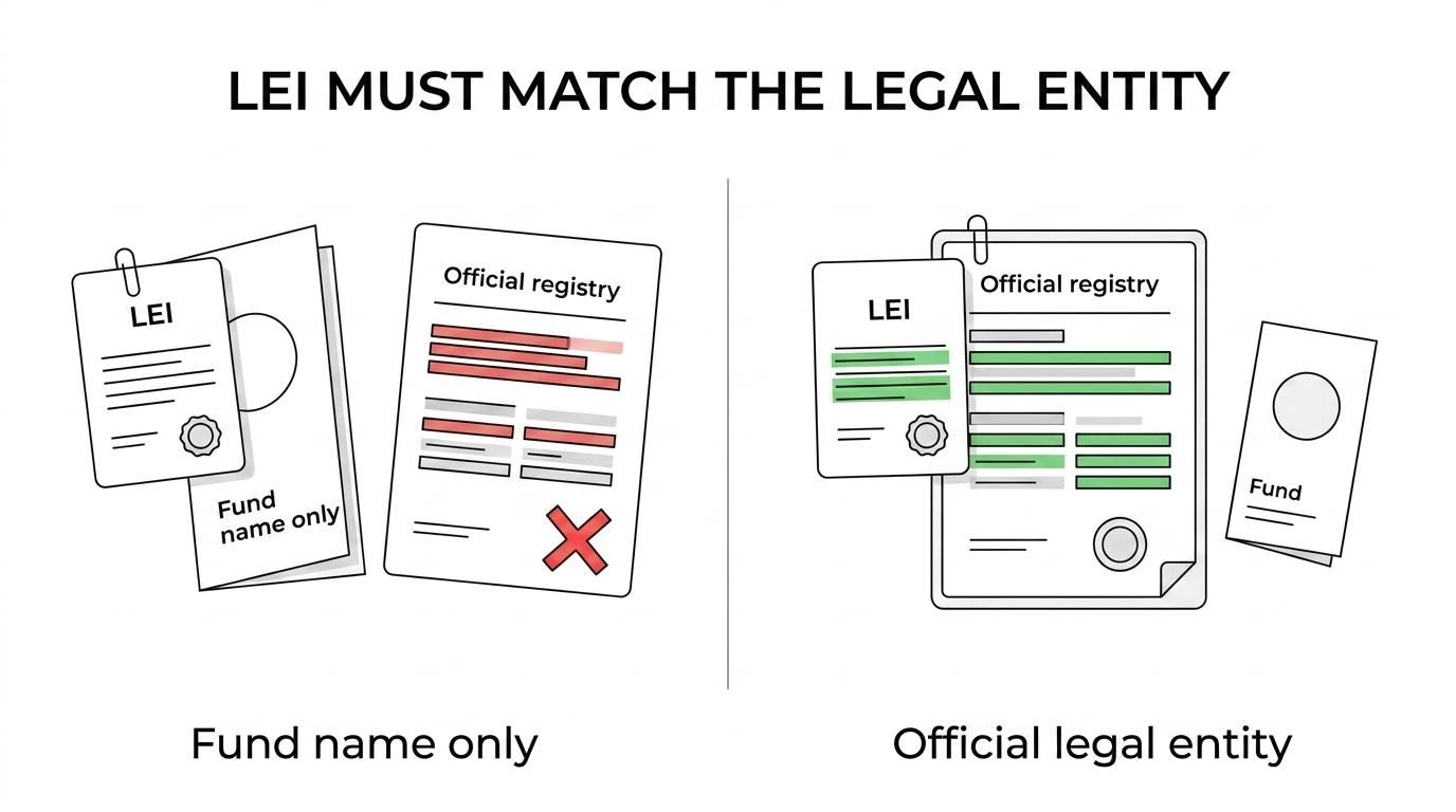 Side-by-side comparison of a managed fund name used publicly and the official responsible entity or trustee legal name that should hold the LEI.
