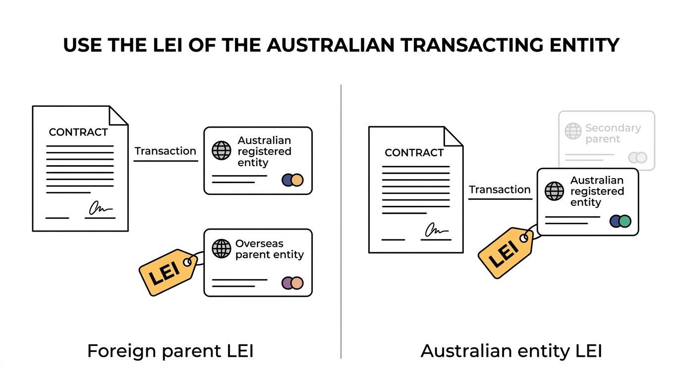 Side-by-side comparison of a foreign parent, an Australian subsidiary with an ACN, and a registered foreign company with an ARBN, showing that the contracting Australian entity holds the LEI while parent data is reported separately.