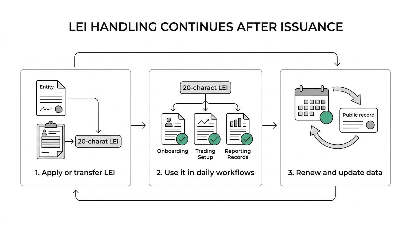 A simple lifecycle diagram showing LEI registration, operational use, renewal or transfer, and ongoing reference data updates for multiple entities.
