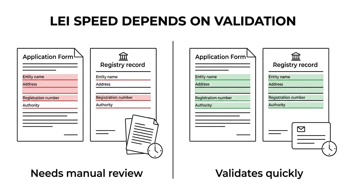 Side-by-side comparison of same-day, standard, and longer LEI processing based on cut-off timing, clean registry matches, and extra validation needs.