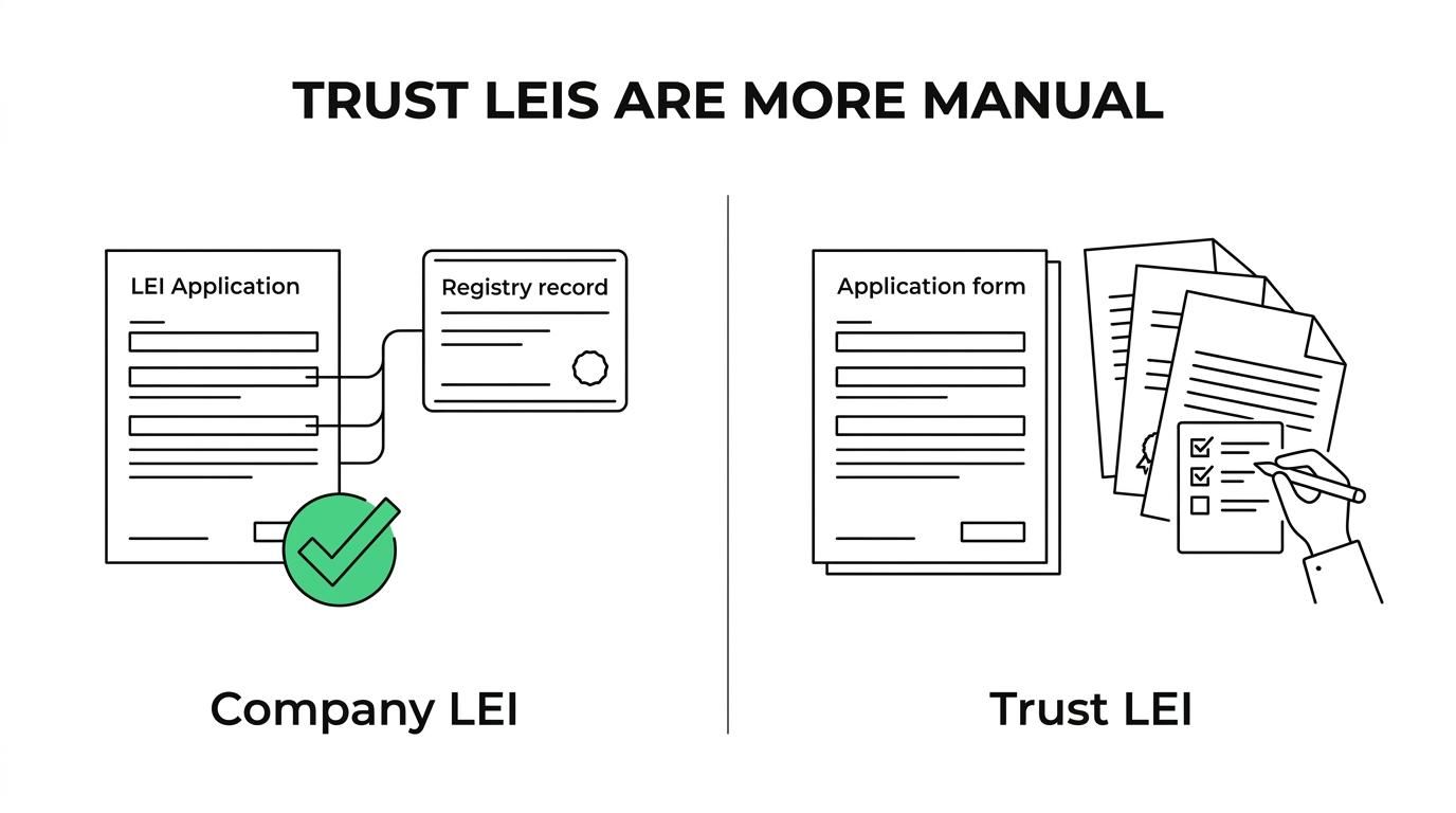 Side-by-side comparison of a company LEI application using ASIC registry data versus a trust LEI application using a trust deed, trustee authority, ABN details, and manual checks.