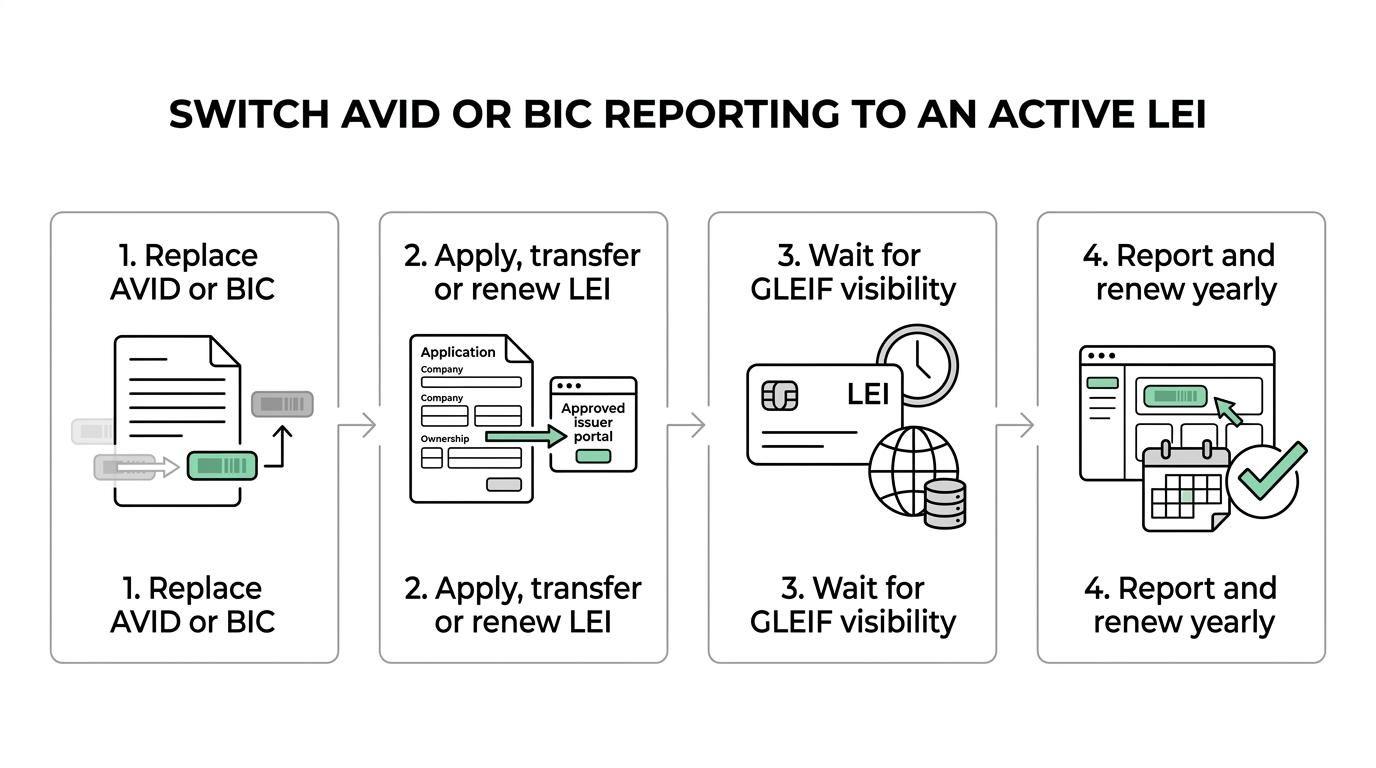 A step-by-step visual showing the move from AVID or BIC to LEI application, issuance, GLEIF visibility, and ongoing renewal.