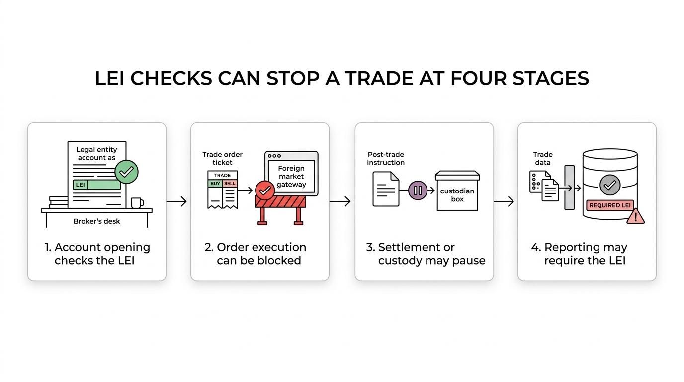 A step-by-step overseas trading workflow showing LEI checkpoints at onboarding, execution, settlement, custody, and reporting.