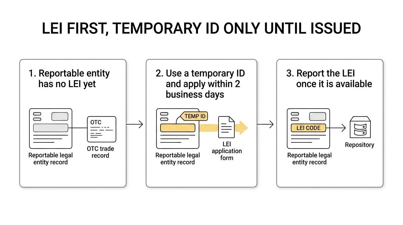 Flow showing ASIC OTC derivatives reporting identifier steps: use LEI if available, otherwise use a temporary identifier, apply for an LEI within 2 business days, then report the LEI once issued.