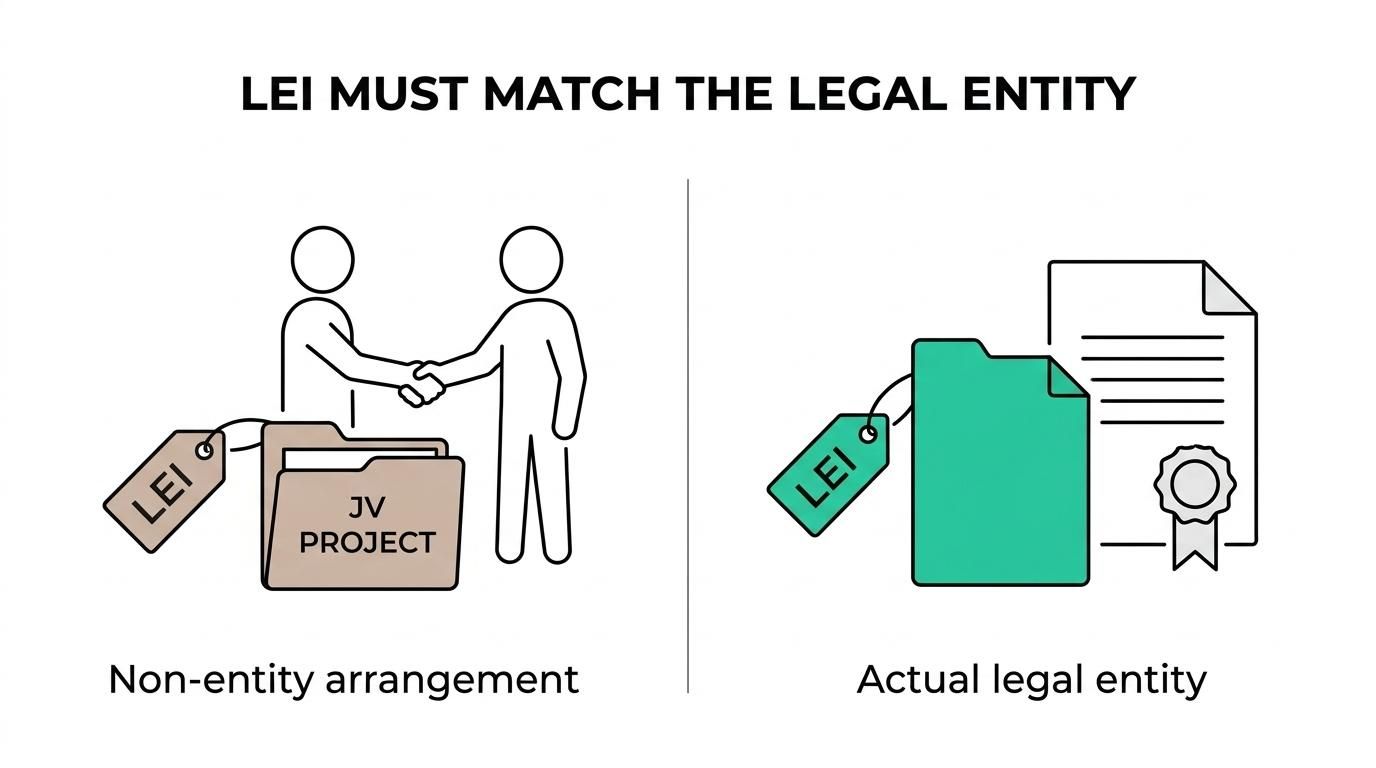 Side-by-side comparison of a joint venture company as a separate legal entity versus a non-entity joint venture arrangement, showing the LEI attached to the legal transaction party.