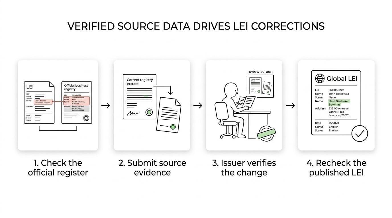 Flow showing an LEI record correction process from spotting a mismatch to verification, publication, and bank visibility.