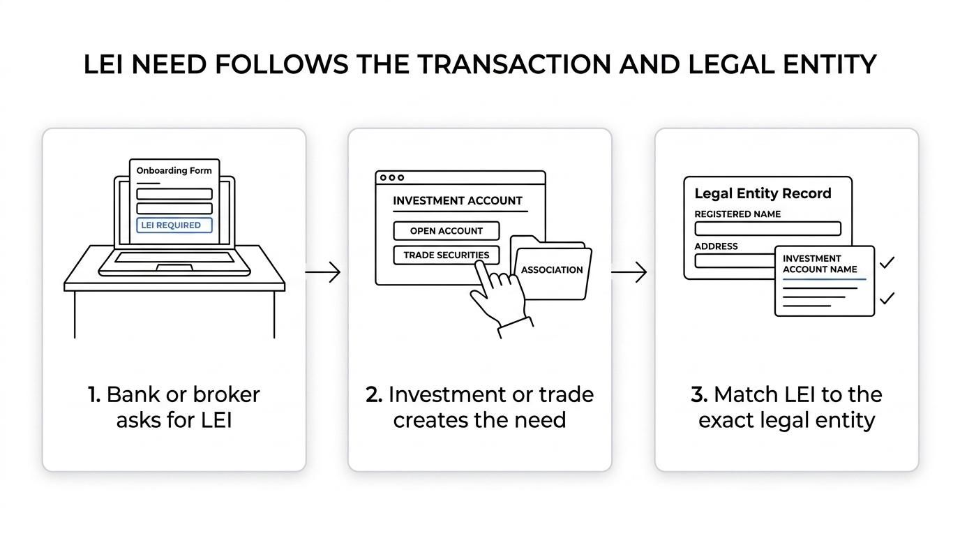 Flowchart showing how an incorporated association checks LEI need, confirms the correct entity, applies with exact legal details, and renews annually.
