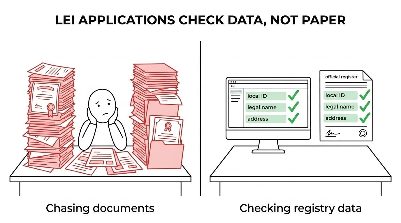 Side-by-side comparison of a document-heavy application stack versus a streamlined LEI application based on verified registry data.