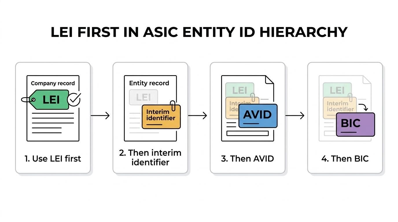 A step-by-step flow showing ASIC's entity identifier order for entities: LEI first, then interim entity identifier, then AVID, then BIC.