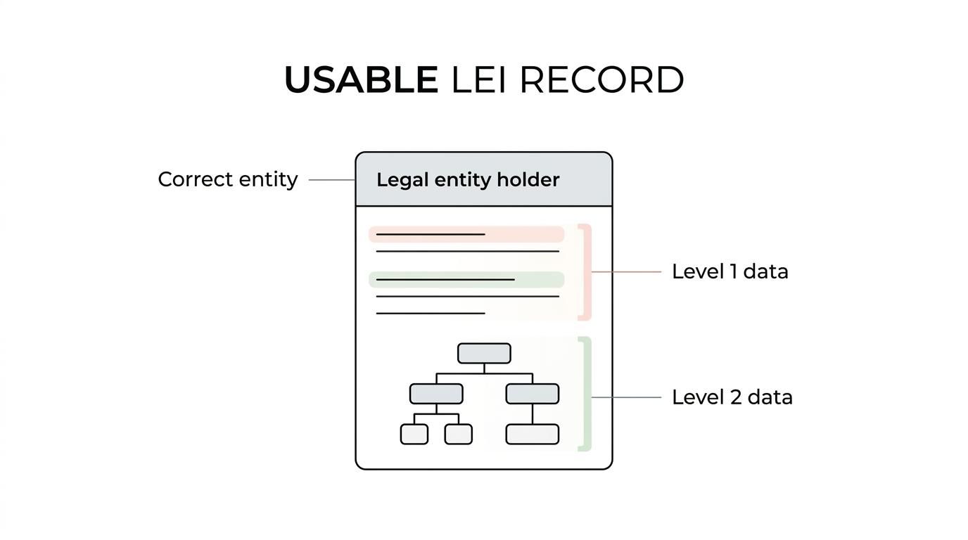 Diagram of an LEI record for a holding company or SPV showing the legal entity holder, Level 1 details, Level 2 parent links, and renewal status.