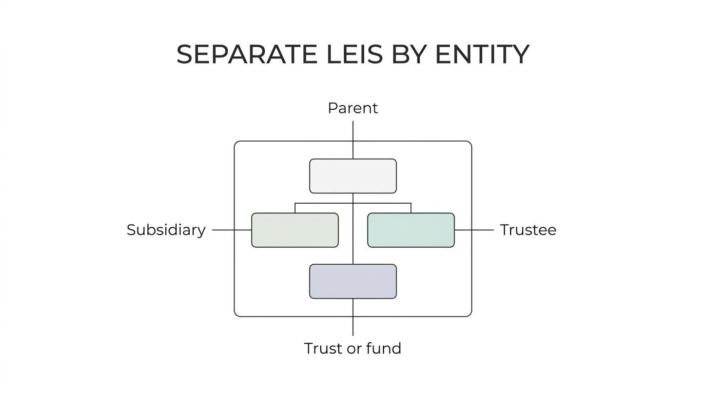Diagram of an ASX-listed company group showing a parent company, treasury subsidiary, trustee company, trust, and fund as separate entities that may each need their own LEI.