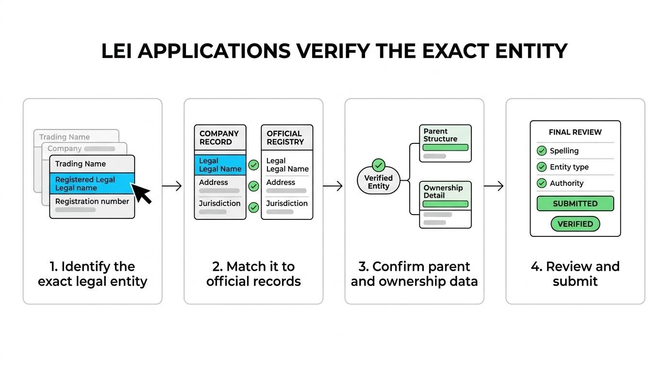 A step-by-step flow showing an LEI application moving from exact legal entity identification to registry matching, ownership or parent data checks, and final review.