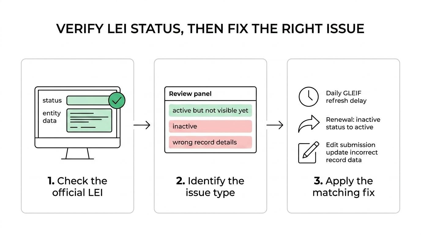 Flow diagram showing an LEI issue being checked, identified as a delay or inactive record, then renewed or corrected and updated in the global LEI index.