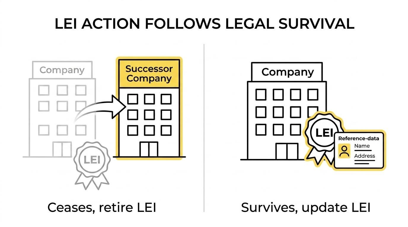 Side-by-side comparison of a share acquisition where the same company keeps its LEI and a legal merger where the old entity is retired and replaced by a successor LEI.