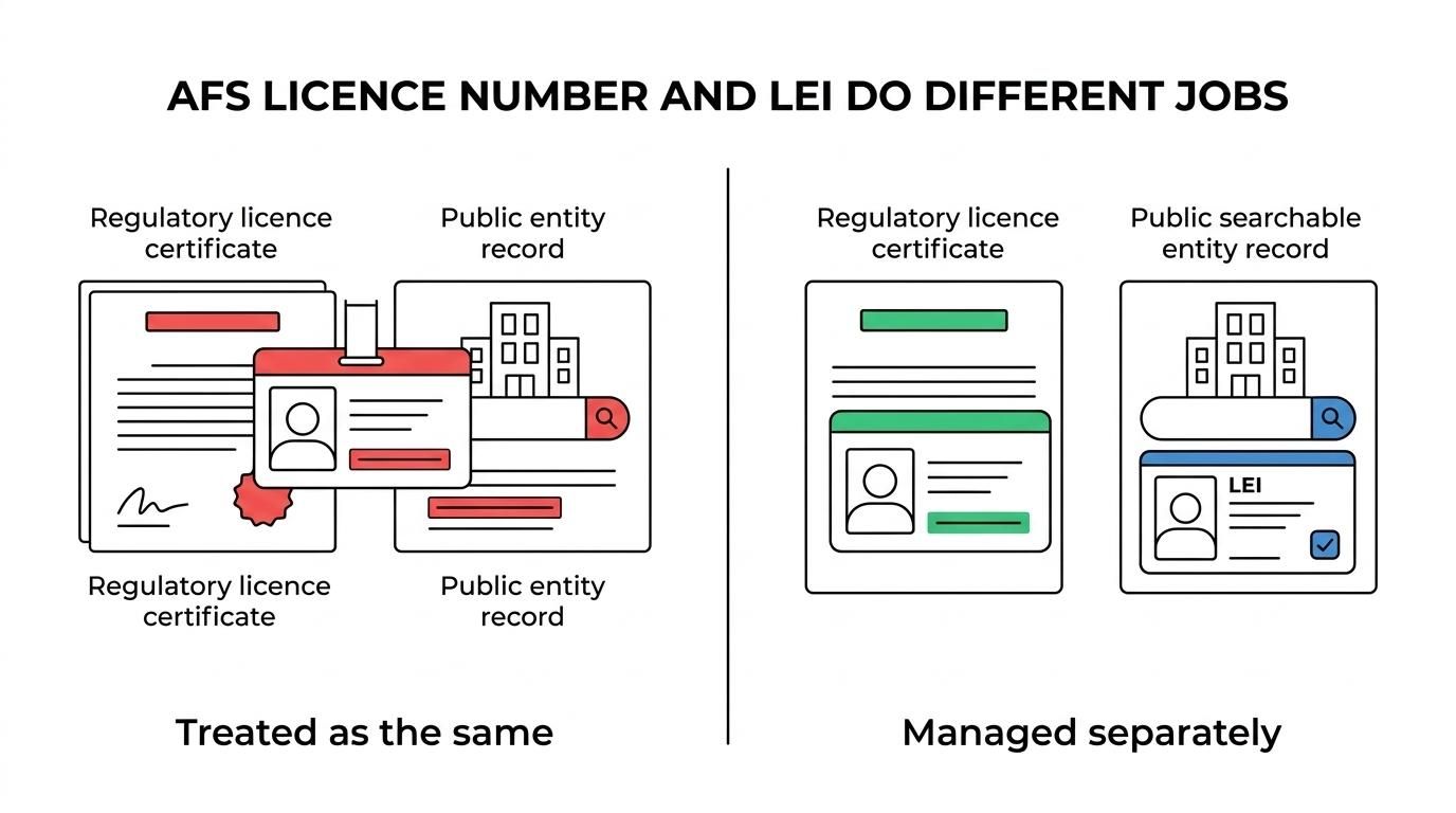 Side-by-side comparison of an AFS licence number and a Legal Entity Identifier showing their different roles in licensing and entity identification.