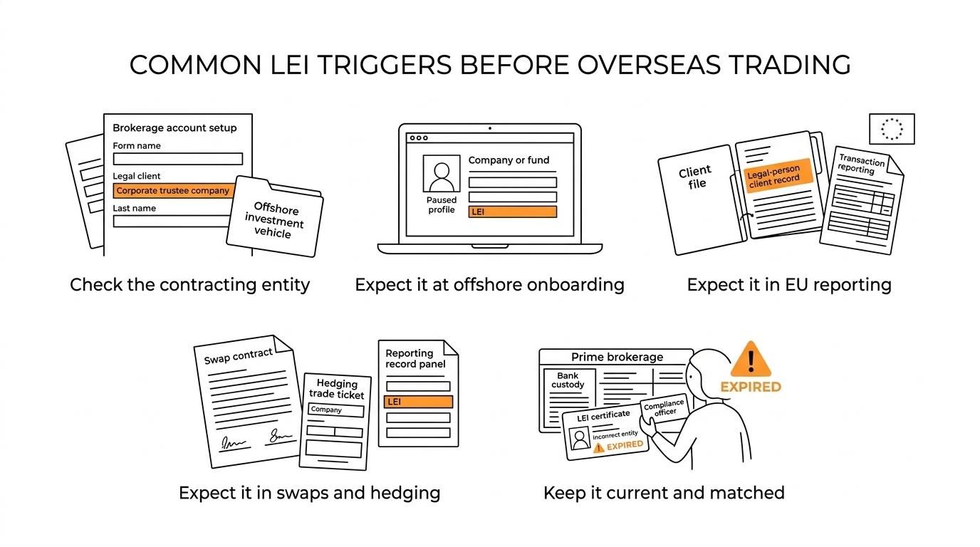 Checklist-style graphic showing seven family office situations where an LEI may be needed for overseas trading.
