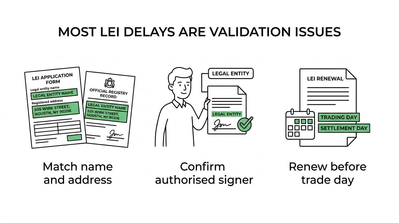 Overview of seven common LEI delay causes, including name mismatch, address mismatch, wrong entity, missing authority, complex structure, late renewal, and provider cut-offs.