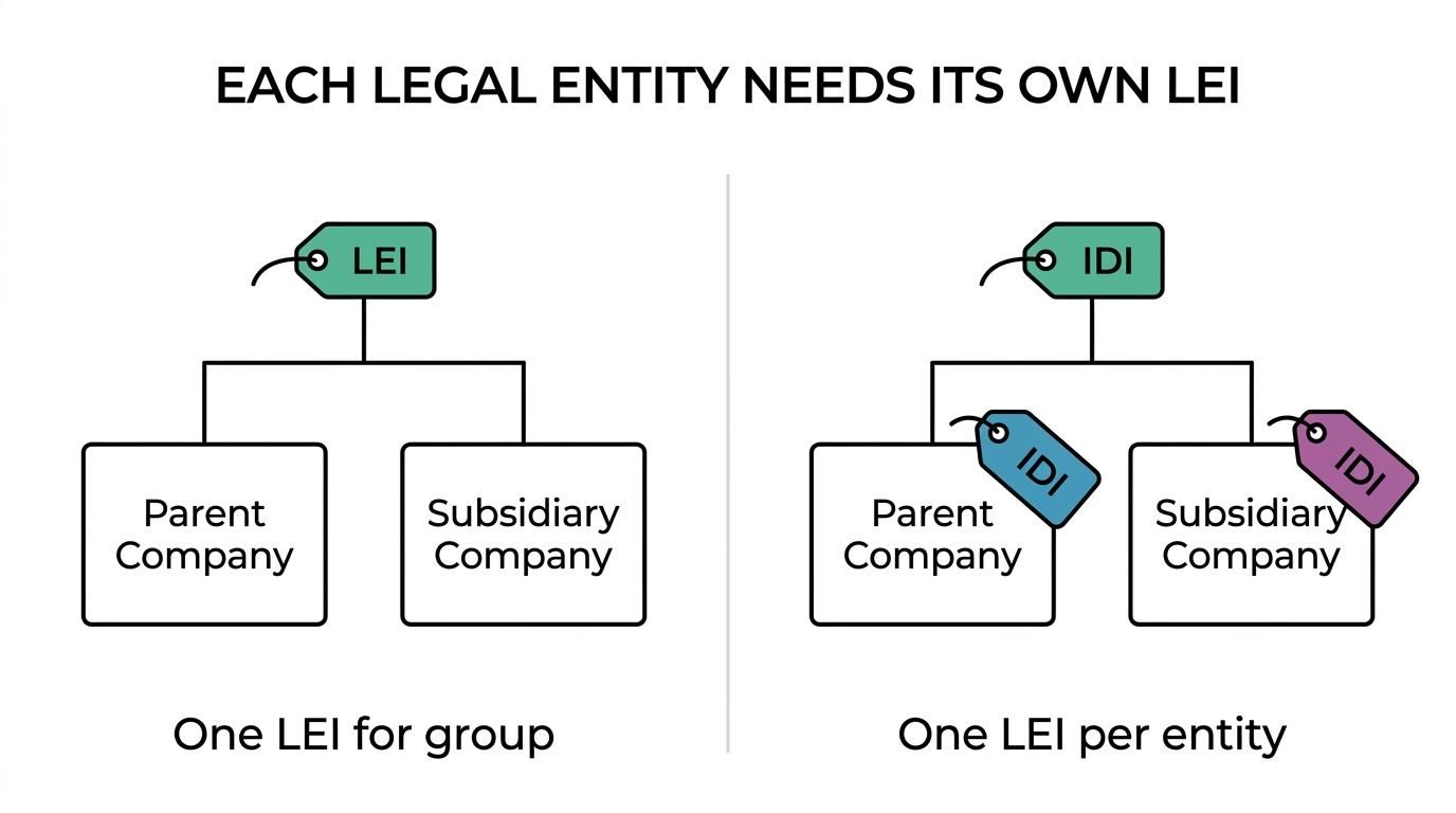 Side-by-side comparison showing a parent company, subsidiary, branch, division, and brand with their separate legal person status and usual LEI treatment.
