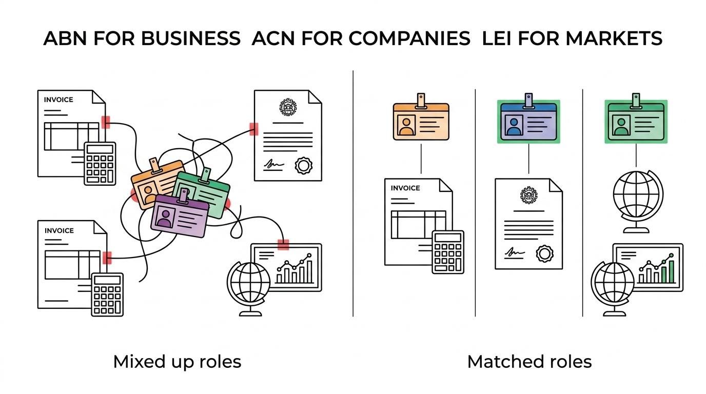 Side-by-side comparison of ABN, ACN and LEI showing main use, who each applies to, and whether the scope is domestic or global.