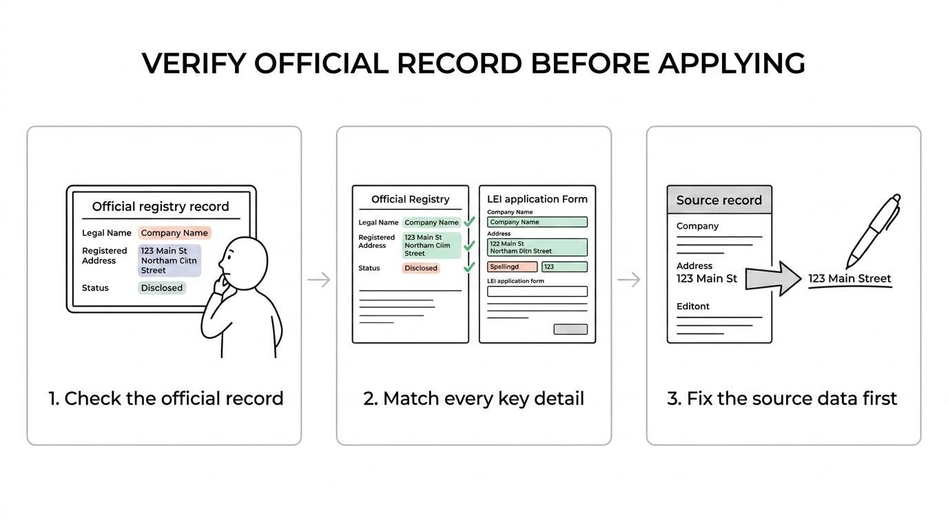 Step-by-step flow showing an LEI application pre-check: verify the official register, match legal name and address, confirm applicant authority, fix source data, submit, and note the renewal date.