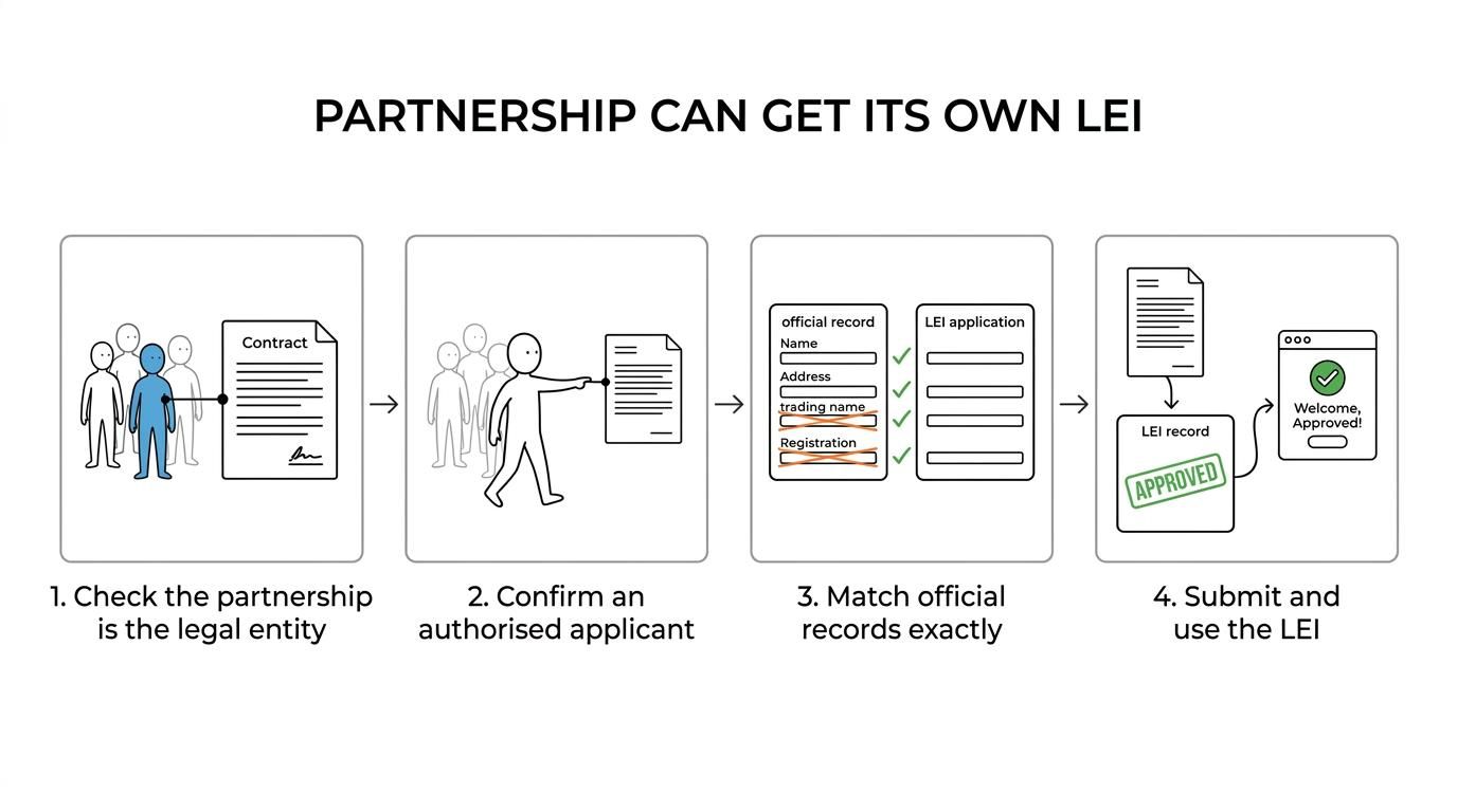 Step-by-step workflow showing an Australian partnership LEI application: confirm the partnership is the legal entity, verify the authorised applicant, match the legal name and ABN records, submit the LEI application, then renew or update after changes.
