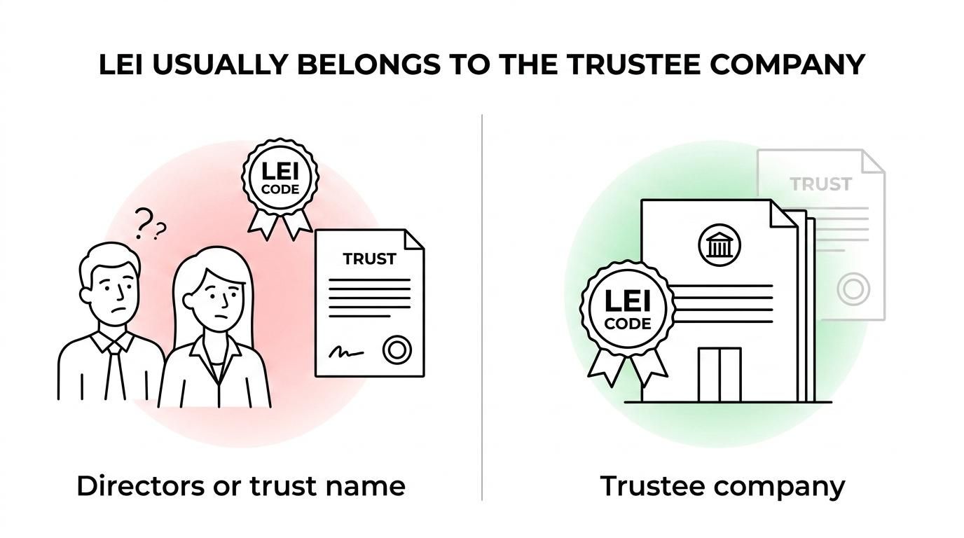 Side-by-side comparison showing the corporate trustee company as the usual LEI holder, with individual directors and the trust name shown as entities that do not usually hold the LEI on their own.