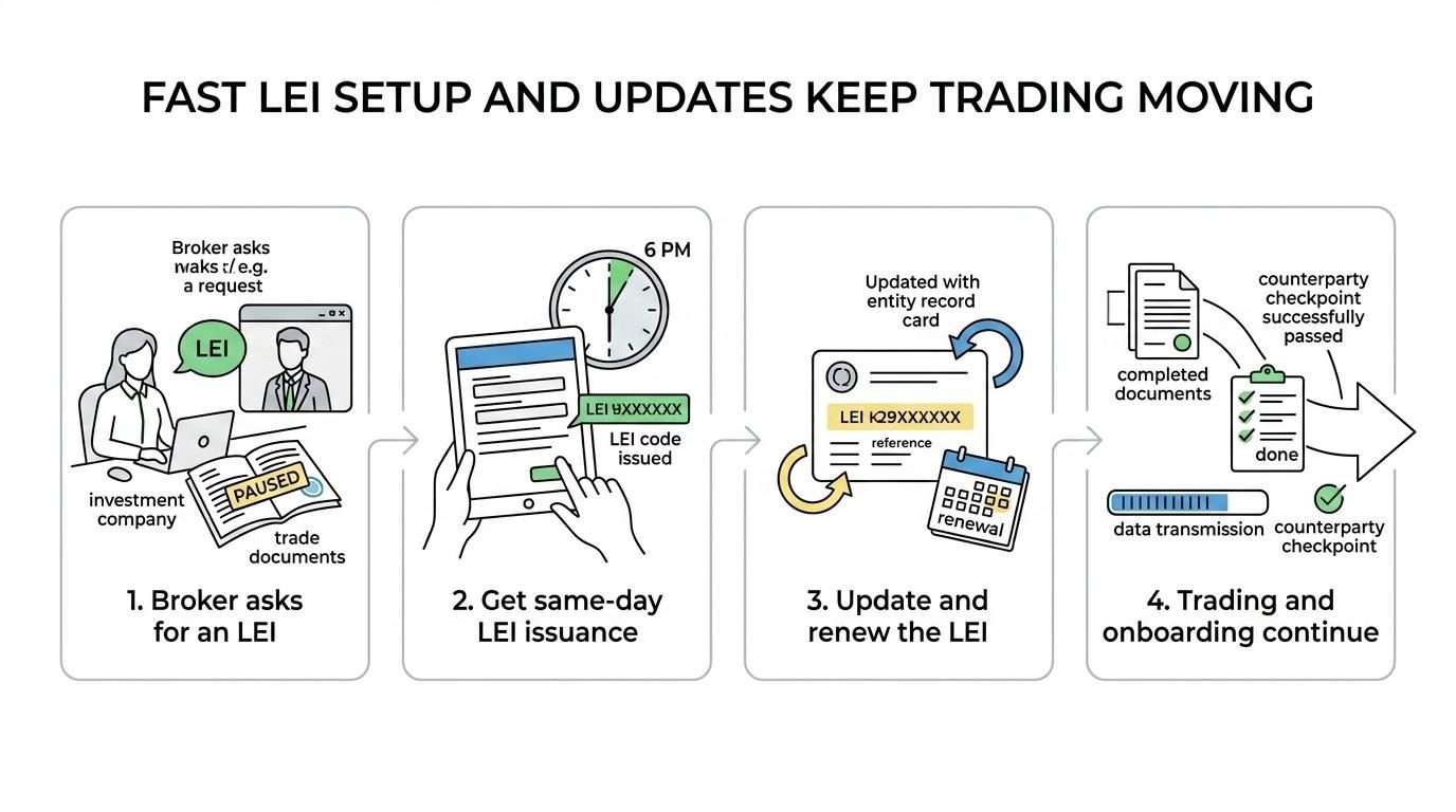 Flow diagram showing an investment company’s LEI process from counterparty request to application, same-day issuance, and ongoing GLEIF record updates.