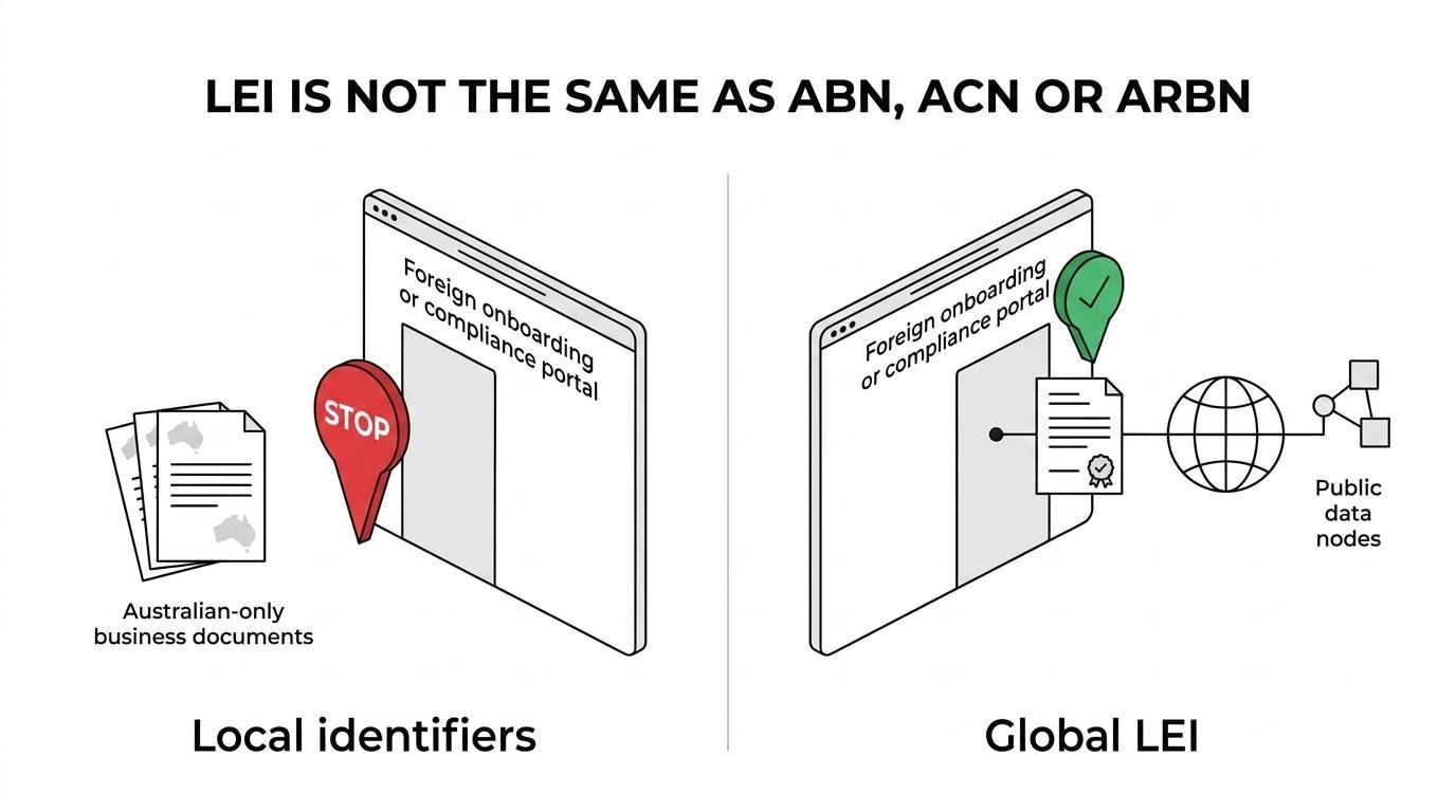 Side-by-side comparison of LEI, ABN, ACN, and ARBN showing LEI as the global identifier used by overseas brokers and counterparties.