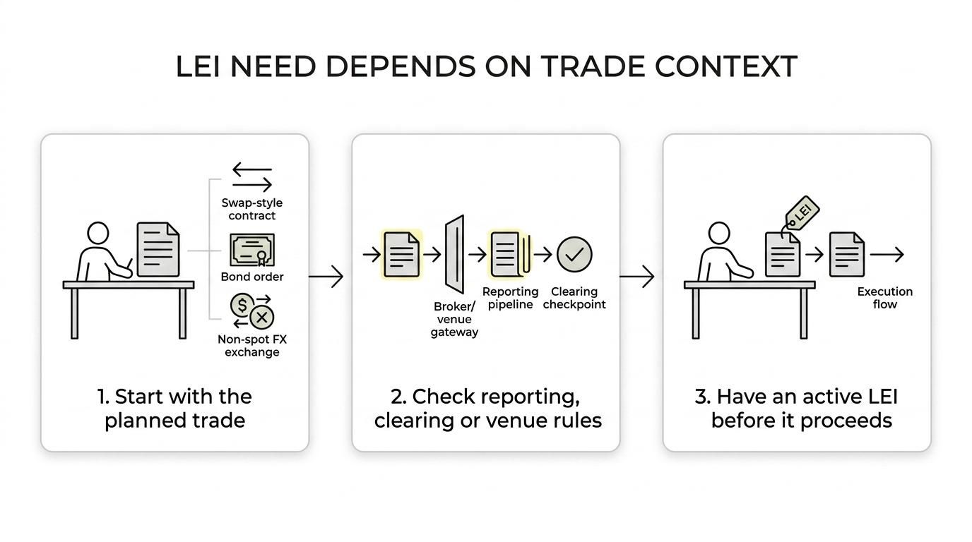 Decision flow showing when trades in derivatives, bonds, and FX are likely to require an LEI before execution.