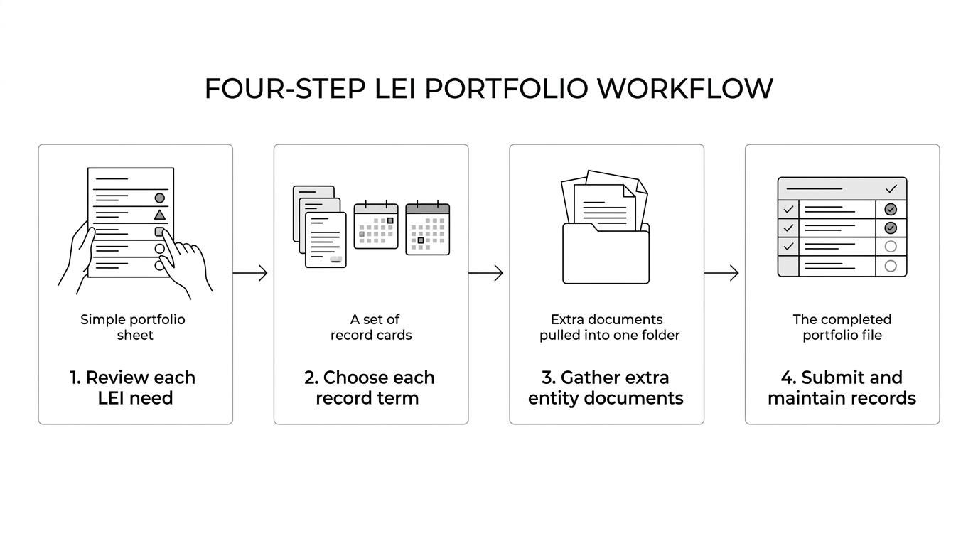Four-step LEI portfolio workflow showing review, term selection, document collection, and submission with ongoing maintenance.
