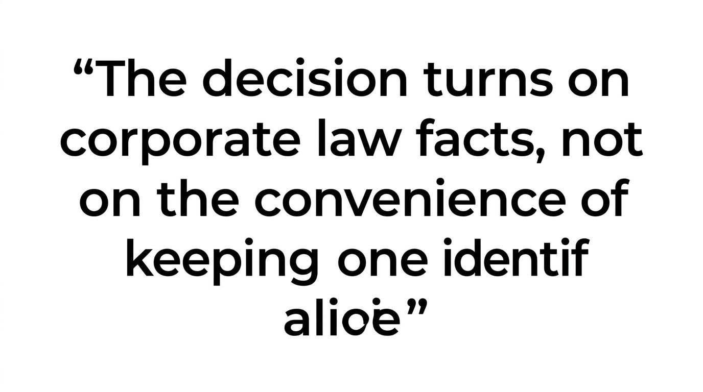Highlighted quote stating that LEI decisions turn on corporate law facts, not the convenience of keeping one identifier alive.