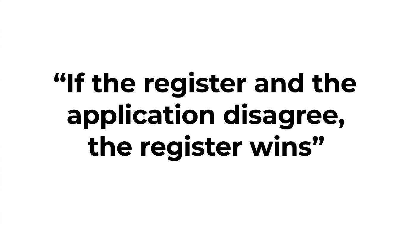 A highlighted quote card featuring the line: If the register and the application disagree, the register wins.