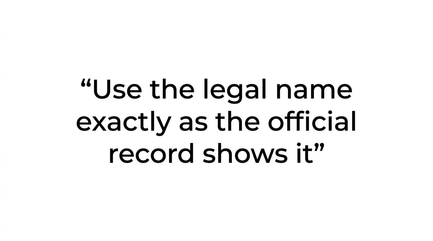 Quote highlight featuring the line about using the partnership’s legal name exactly as the official record shows it, not a shorter or older trading name.
