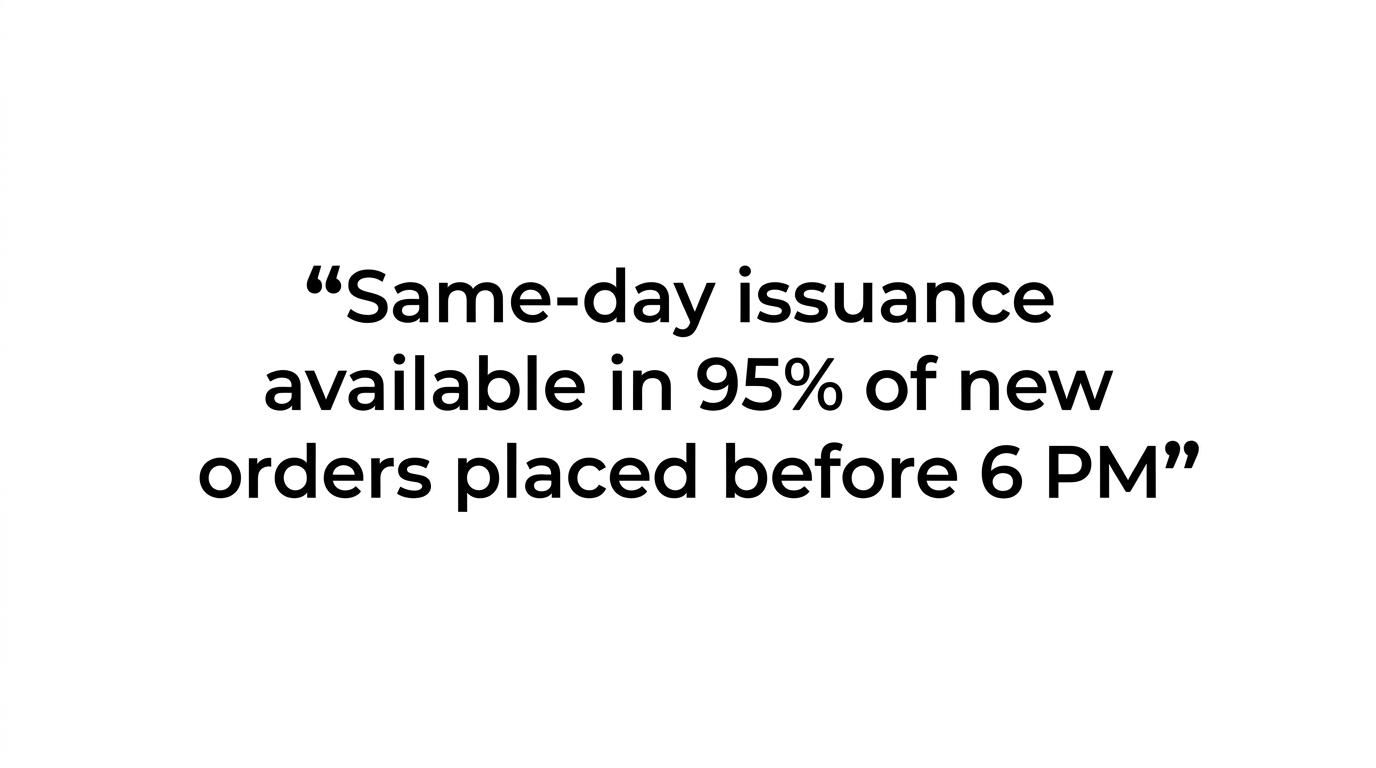 Highlighted quote stating that new LEIs can be issued the same day in 95% of cases when ordered before 6 PM.
