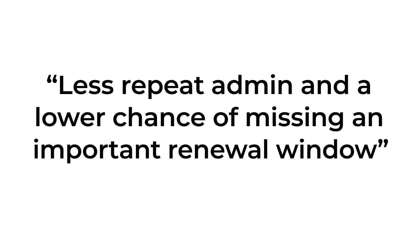 Highlighted quote stating that the service brings clearer timing, less repeat admin, and lower risk of missing renewals.
